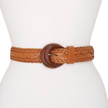 Vintage Braided Belt, Extra Large 2XL / Honey Brown Woven Leather Belt / 1980s Boho Hippie Style Belt / Women's Wood Buckle Belt 