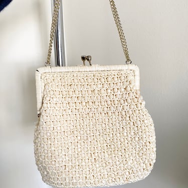 Vintage 60's Creme Beaded Handbag with a Chain Strap 