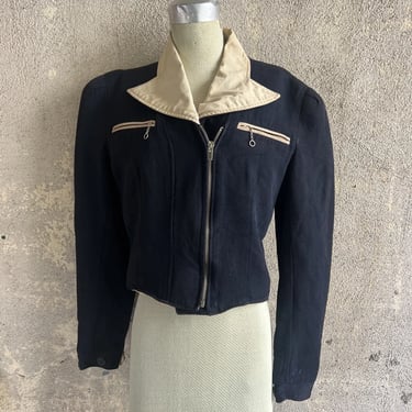 Vintage 1930s Blue Wool & Cream Cotton Reversible Sportswear Ski Jacket Cropped
