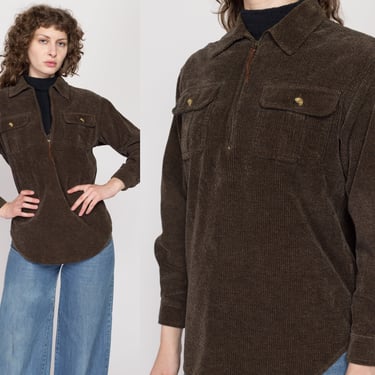 Petite Medium 90s Dark Olive Corduroy Zip Up Shirt | Vintage Long Sleeve Quarter Zip Collared Top 