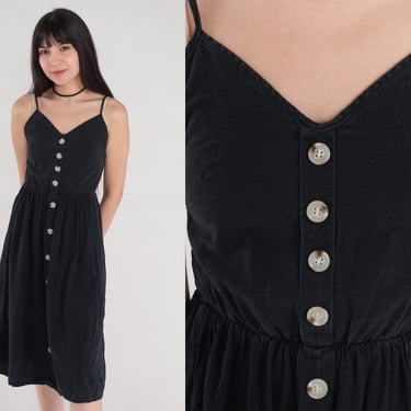 Black Day Dress y2K Button Up Midi Dress Sleeveless Sundress Retro Simple Plain Sun Dress Summer High Waisted Bohemian Vintage 00s Small S 