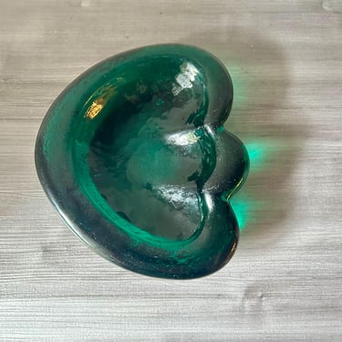 Mid Century Blenko Amoeba, Freeform Dark Emerald Green Glass Bowl, Ashtray 