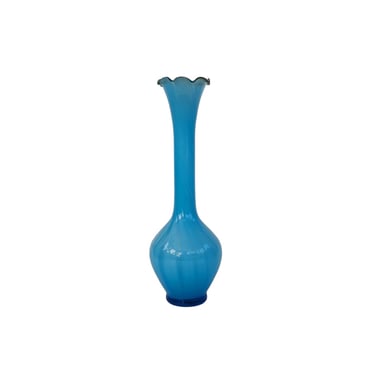 Vintage Blue Bud Vase, Tall Skinny Ruffled Flower Vase with Blue Swirl Overlay 