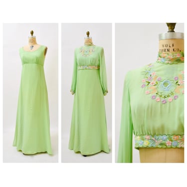60s 70s Vintage Green Embroidered Maxi Long Dress Medium Long Sleeves Butterfly Floral embroidery Hovland Swanson Silk Green Chiffon Dress 
