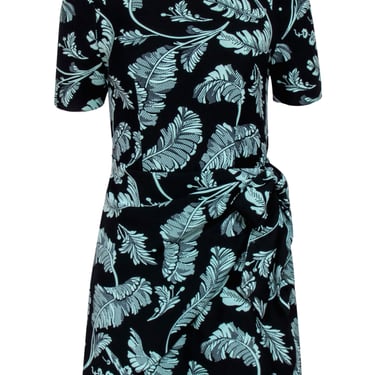 Cinq a Sept - Black & Green Leaf Print Short Sleeve Sheath Dress w/ Wrap Sz 2