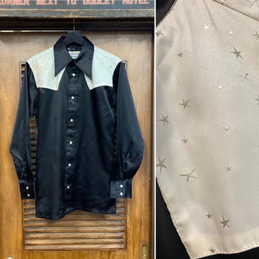 Vintage 1970’s Black x White Glam Star Acetate Satin Cowboy Western Shirt, 70’s Snap Button Shirt, Vintage Clothing 