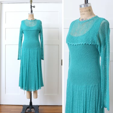 vintage 1980s 90s knit dress • bright turquoise blue crochet long sleeve sweater dress 