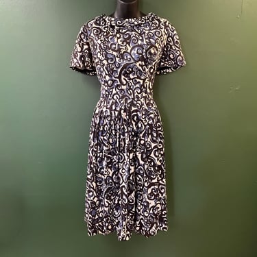 1950s day dress vintage blue floral fit and flare frock medium 