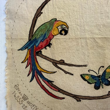 Vintage Royal Society Parrot Butterfly Embroidery, #255 Macaw Bird Stitchery, Round Cushion Cover, 22" Round Fiber Art, Boho Decor 