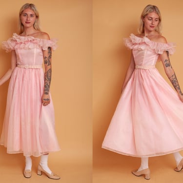 Vintage 70s Blush Pink Chiffon Taffeta Marshmellow Boned Corset Midi Gown Prom Dress 