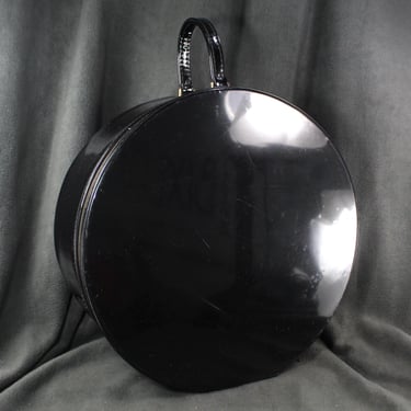 Truly Light Black Patent Leather Round Travel Case / Circa 1960s | Chic Train Luggage | Vintage Travel Luggage | Bixley Shop 