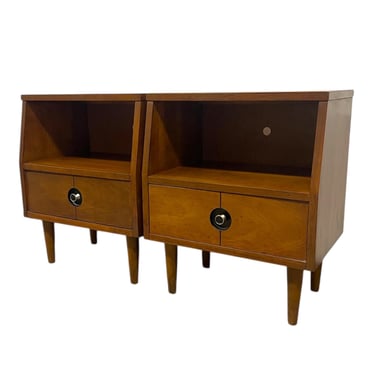 Free shipping within continental US - Pair of Vintage Mid-Century Nightstands - Open Shelf & Drawer, Atomic Round Pulls 