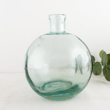 Bulbous Clear Green Glass Bottle Vase, Small Demijohn 