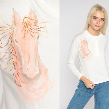 Painted Horse Shirt 90s Glitter Paint T-shirt Sparkly Long Sleeve Henley Animal Shirt Retro Boho Top Streetwear White 1990s Vintage Small S 