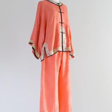 Vintage Persimmon Chinese Silk Loungwear Set 1920's Era / Medium