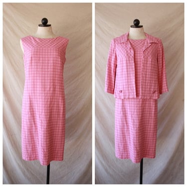 60s Pink Windowpane Grid Print Shift Dress and Jacket Set Size S / M 