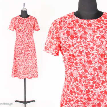 1960s Red Floral Day Dress | 60s Red & White Flower Dress | Medium 