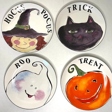 Vintage 90s Set of 4 Halloween Ceramic Plates With Witches + Ghosts + Black Cats + Jack-O-Lanterns by Rosanna 