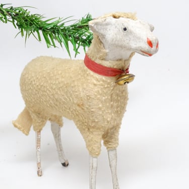 Large 5 Inch 1930's German Wooly Sheep with Bell, for Putz or Christmas Nativity 