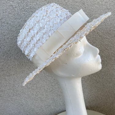 Vintage ivory boater hat cello weave straw sz 22 by G. Howard Hodge Jr 