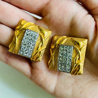 Art Deco Gold &amp; Diamond Rhinestone Pave Clip On Earrings