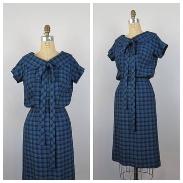 Vintage 1950s suzy perette dress, plaid, wiggle, peter pan collar, academia 