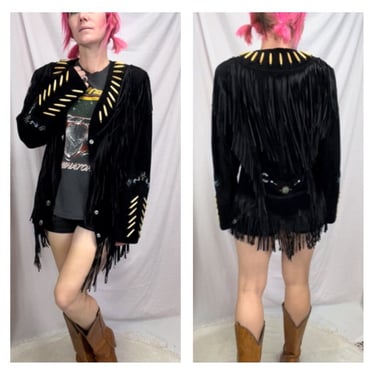 80's/90's Black Leather White Fringe Bejeweled Rainbow