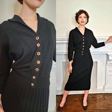 1930s Black Knit Skirt Sweater Set Orange Buttons / 30s Two Piece Wool Blend Skirt Suit / Medium / Mirna 