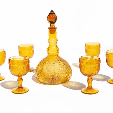 Vintage Indiana Glass Tiara Amber Sandwich Decanter with 6 Cordial Glasses Set, Barware, Decanter and Cordial Set, Liquor and Wine Goblets 