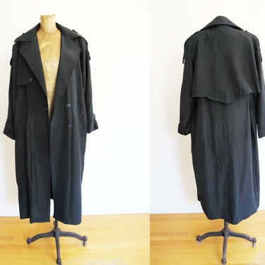 Vintage 90s Black Silk Long Trench Coat S M - 1990s Long Goth Industrial Minimalist Jacket 