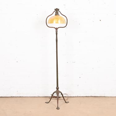 Tiffany Studios New York Bronze Harp Floor Lamp With Damascene Favrile Glass Shade