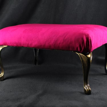 Refurbished Upholstered Fuchsia Foot Stool | Up-Cycled Vintage Small Foot Rest with Brass Legs | Hot Pink Upholstered Foot Stool 
