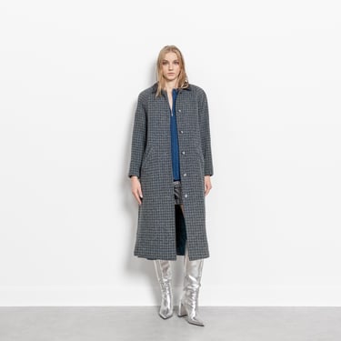 HOUNDSTOOTH WOOL COAT Vintage Grey Blue Checkered Trench Midi Fall 90's / Small 