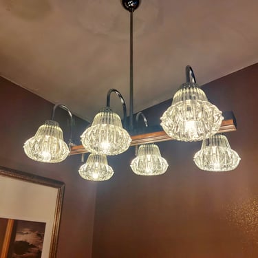 Chandelier 1970s Italian Design Six Shades Wood And Chrome Fountain Style Crystal Elegant 