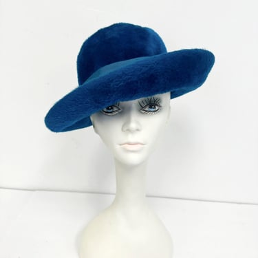 Vintage 60s Faux Fur Hat with Large Brim | Womens Jami Panama Hat in Teal with Bow 