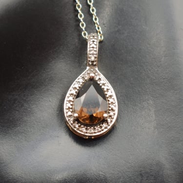 90's brown spinel diamond sterling teardrop pendant, elegant Ross-Simons partial vermeil 925 silver bling necklace 