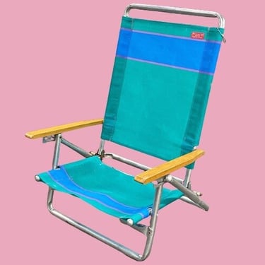 Vintage Beach Chair Retro 1990s Coastal + Rio Beach Collection + Striped Vinyl Fabric + Aluminum Frame + Adjustable Back + Fold Up + Seating 