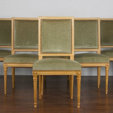 French Louis XVI Style Square Back Beech Dining Chairs W/ Green Velvet Fabric- Set of 6 