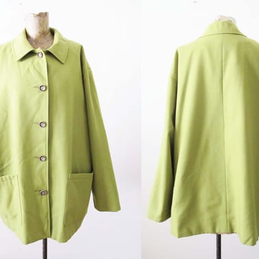 1990s 2000s Lime Green Wool Chore Coat L XL  - Harve Benard Bright Neon Green Button Up Boxy Jacket - Solid Color Coat 