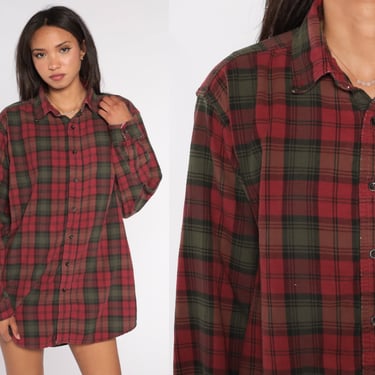 Red Plaid Shirt Y2k LL Bean Button Up Shirt Retro Flannel Top Lumberjack Long Sleeve Collared Grunge Vintage 00s Mens Large Tall L 