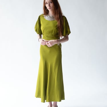 1930s Acid Green Crepe Dress 
