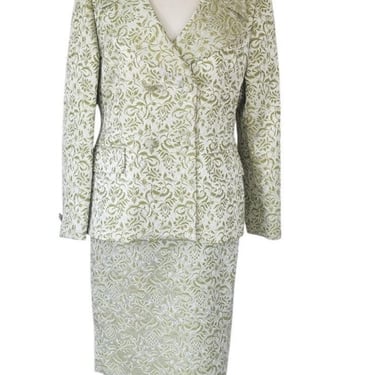 Vintage 80s ESCADA COUTURE Skirt Suit Green Cream Silk Jacquard Leafy Print / L 