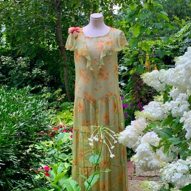 1920S-30s Sheer Floral Dress - Gatsby Garden Dress - Drop Waist - Gathered Skirt in 3 Layers - Small to Medium 