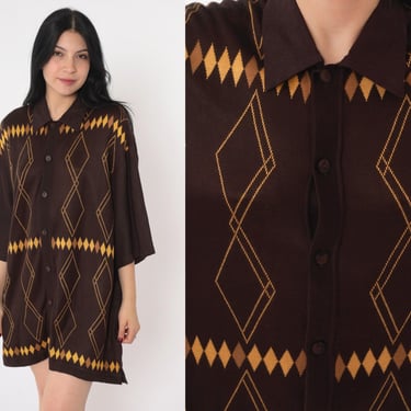 Y2K Argyle Cardigan Brown Linen Silk Button up Knit Sweater Geometric Diamond Print Mustard Checkered Short Sleeve Vintage 00s Men's Medium 