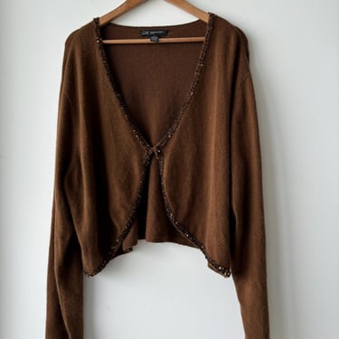 Vintage Women’s Angora Knit Cardigan Sweater Beaded Trim Soft Cozy INC Brown Plus 3X 