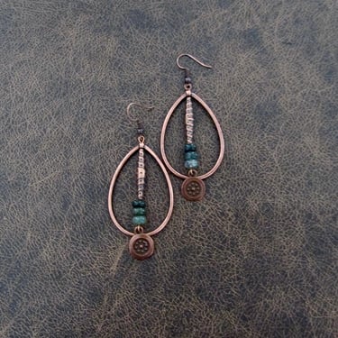 Jasper earrings, copper hoop earrings, bohemian earrings, rustic boho earrings, artisan ethnic earrings, tear drop hoop earrings, natural 