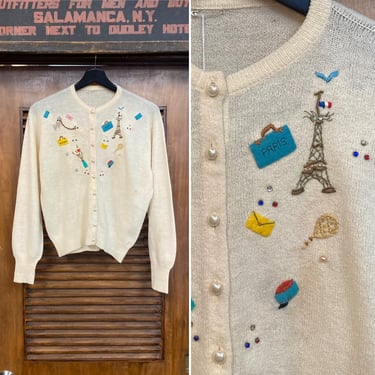 Vintage 1950’s Poodle, Dice, New York x Paris Appliqué Cardigan Rockabilly Sweater, Eiffel Tower, Original, 50’s Vintage Clothing 