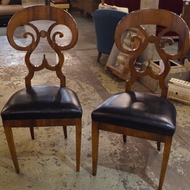Carved Biedermeier Side Chair w Black Seat