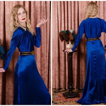 1930s Dress - Gorgeous Vintage 30s Satin Evening Dress in Cobalt Blue Converted from Wedding Dress in Era, Dyed to Restore 