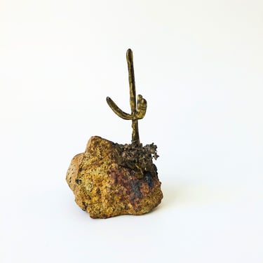 Small Vintage Brass Cactus Sculpture on Stone Base 
